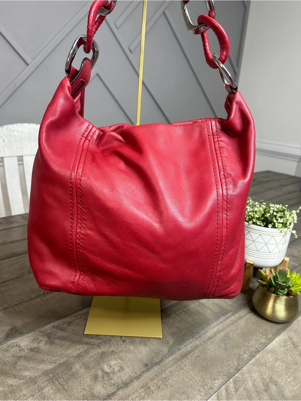 Michael Kors Red Leather Slouchy Hobo Shoulder Bag Silver Chain Accent
